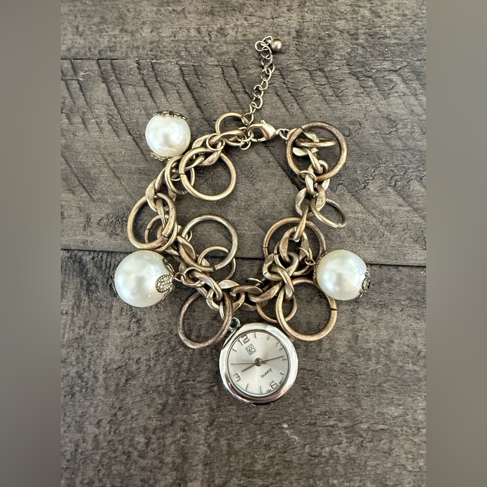 New York and Company Elegant Gold Bracelet Watch with Pearls
